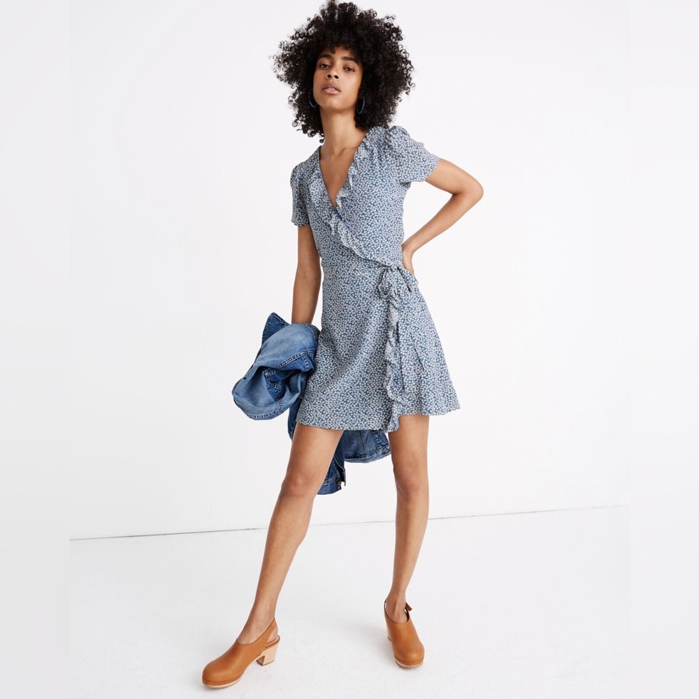 Madewell Silk Ruffle-Edge Wrap Dress in Bitsy Floral
